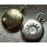 J. W Benson ladies silver keyless half Hunter fob watch, white enamel Roman dial, with rail track