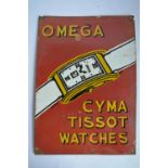 An enamelled steel plate Omega Cyma Tissot Watches advertising sign. H51.8xW35.7cm