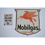 Mobilgas Socony Vacuum and Ask For Socony Oil enamelled steel plate signs. Large sign H35xW34.5cm