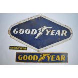 3 enamelled steel plate Goodyear advertising signs. Largest: W74.6xH44cm