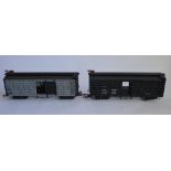 2 1/24 G gauge Bachmann twin bogie stock cars, no boxes, one repainted in grey. Otherwise good