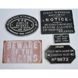 4 vintage cast metal railway signs including A GWR warning notice (26.5x20.5 cm) and small "Please