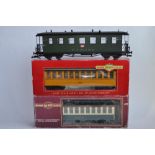 3 G-gauge passenger coaches, 2 by Bachmann and boxed, 1 by Newqida no box. Includes Bachmann Pullman