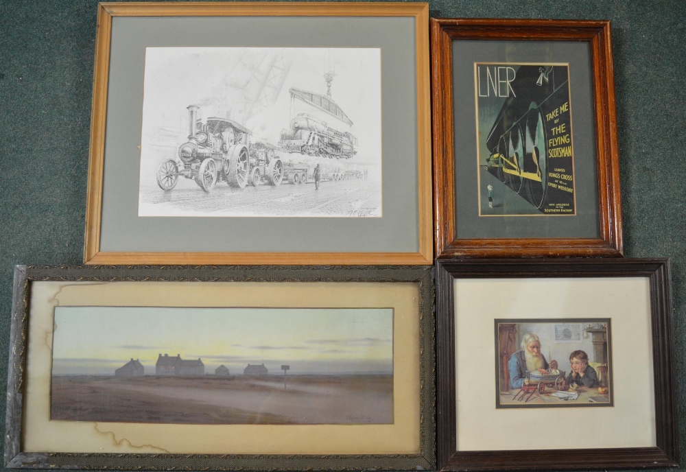 four framed prints, 2 railway related, including a black and white print by J.E. Wigston (554 x