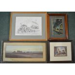 four framed prints, 2 railway related, including a black and white print by J.E. Wigston (554 x