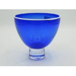 Gillies Jones Rosedale blue glass bowl with white rim and clear foot H10.5cm, makers mark to the