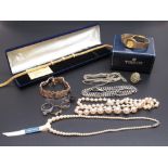 Costume jewellery including a 24ct gold plated necklace, two simulated pearl necklaces, a ladies