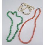 Jade bead necklace, a coral bead necklace and a pearl necklace (3)