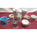 Eight Coronation mugs and a pewter mug with a cuckoo handle and a engraved image of a clock