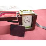 French C19th brass cased carriage time piece with white enamel Arabic dial, 8 day movement