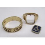 9ct yellow gold Masonic flip ring with enamel detail, stamped 375, and a silver plated ring