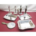 Two silver plated candlesticks, EPNS posy vase, Two silver plate and wood candlesticks, EPNS