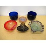 Two C20th Bristol Blue rinsers and four late 1960s/early 70s Murano glass bowls and dishes, (6)