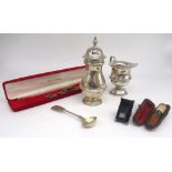 Edw.VII Hallmarked sterling silver caster by Holland, Aldwinckle & Slater, London, 1903, a cream jug