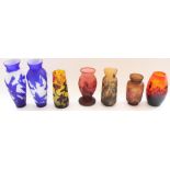 Seven late C20th glass cameo vases after Emile Galle, all with Galle signature, H29cm max (7)