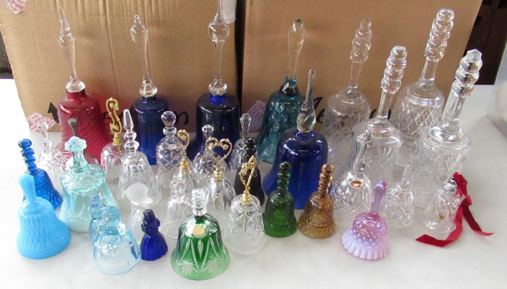 Collection of cut glass and glass bells, some coloured others clear, inc. 4 small glass figures of