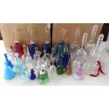 Collection of cut glass and glass bells, some coloured others clear, inc. 4 small glass figures of