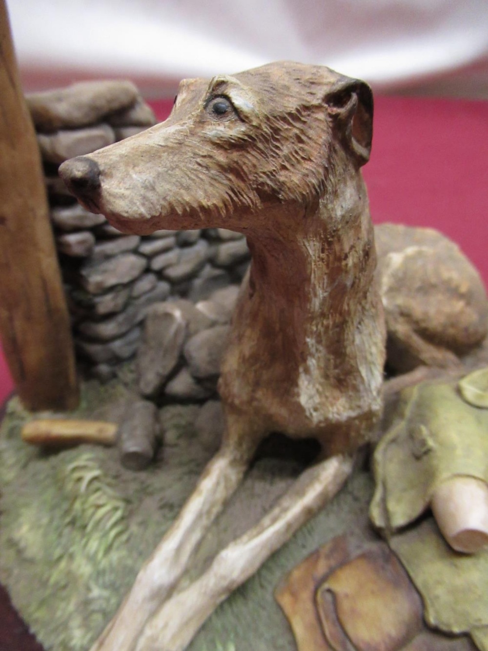 Large Border Fine Arts group of a seated lurcher beside on a stone wall, D18cm H13cm - Image 2 of 4