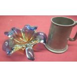 Czech Murano style four-leaf clover shaped glass bowl and a pewter tankard engraved "To George