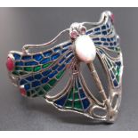 Sterling silver Art Nouveau style plique a jour cuff bangle in the form of a butterfly, set with