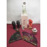 Nao figure of a lady with a flower with original box, Geisha doll, 2 African tribal art heads from