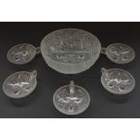 Unmarked French frosted glass bowl relief moulded in a cherries design, five French frosted glass