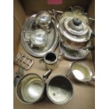 Collection of EPNS and silver plate inc. trays, coffee pot, milk jugs, sugar bowl, pewter mug, etc