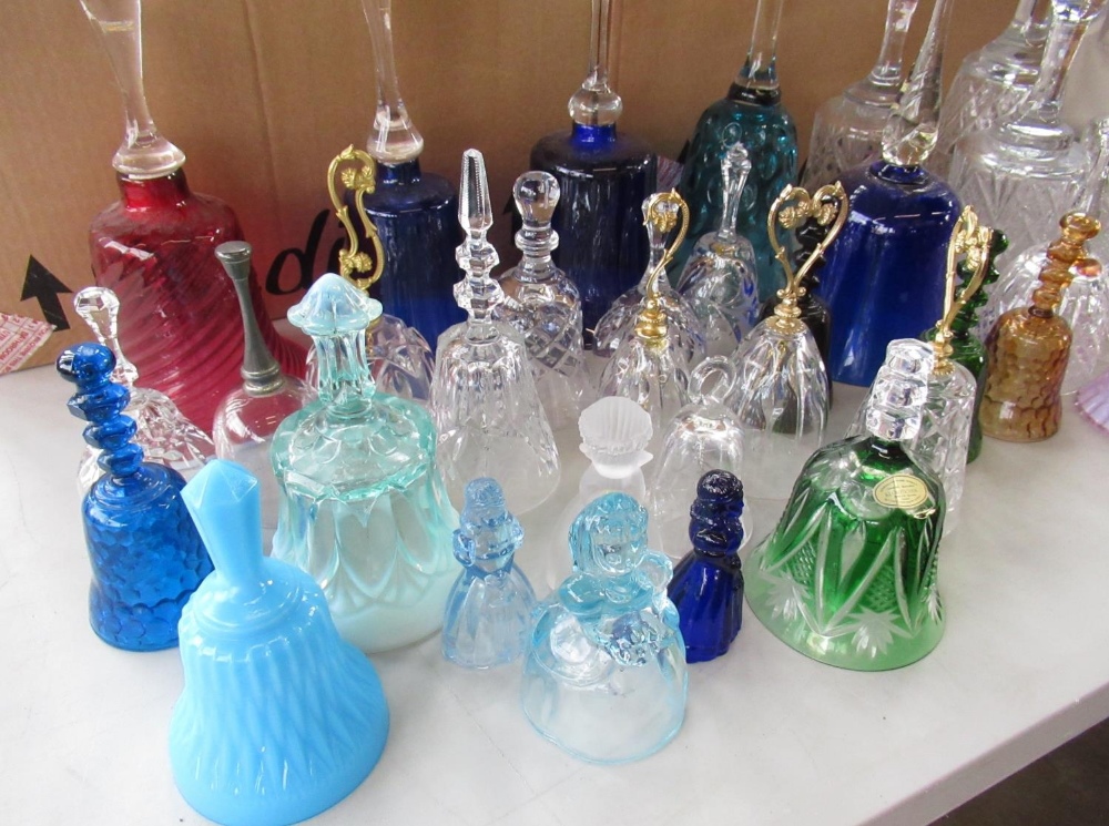 Collection of cut glass and glass bells, some coloured others clear, inc. 4 small glass figures of - Image 3 of 4