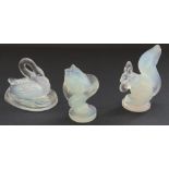 c.1930's Verlys opalescent glass swan figurine, a Sabino opalescent glass squirrel and a Sabino