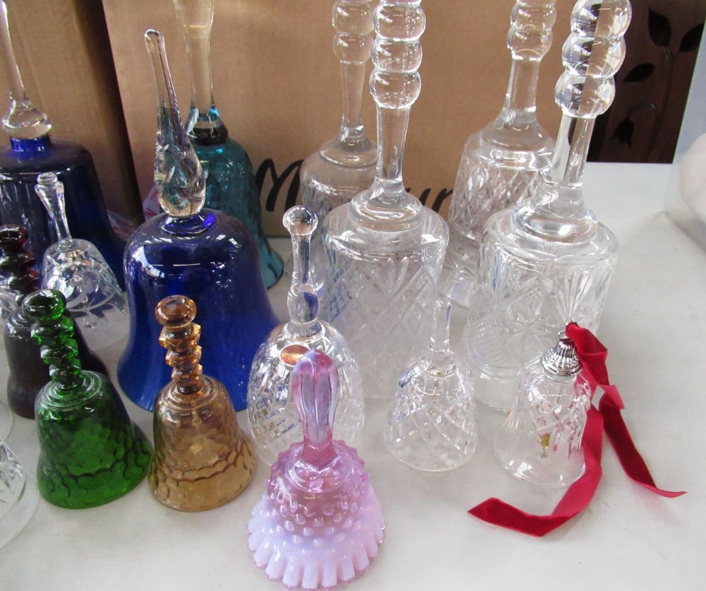Collection of cut glass and glass bells, some coloured others clear, inc. 4 small glass figures of - Image 2 of 4