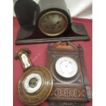 Early C20th Aesthetic Movement inspired walnut cased aneroid barometer with break arch top,