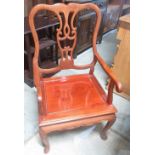 Syd Little Collection - Early to mid C20th Chinese hardwood armchair with solid seat and carved