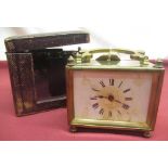 Early C20th French brass cased carriage time piece, rectangular case on bun feet, 8 day movement,