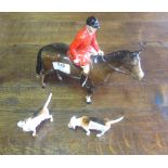 Beswick Huntsman on gloss brown horse model 1501, together with two hounds, Horses ear chipped.