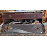 Joiners traveling toolbox with contents including Stanley plane, saws, mallet etc