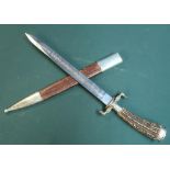 Large, quality German hunting knife, 12 inch blade, finely etched with stags and hunting trophies
