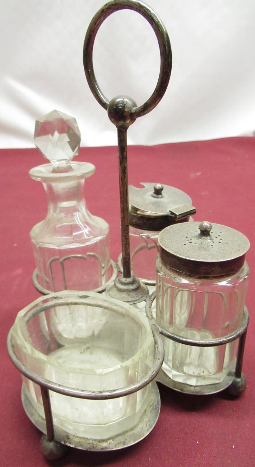 Geo. V cruet set with hallmarked sterling silver mounts and stand, by Martin Hall & Co. Ltd,