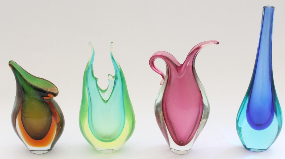 Four Murano Sommerso glass vases in the manner of Flavio Poli or Seguso, incl. uranium fish tail