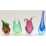 Four Murano Sommerso glass vases in the manner of Flavio Poli or Seguso, incl. uranium fish tail