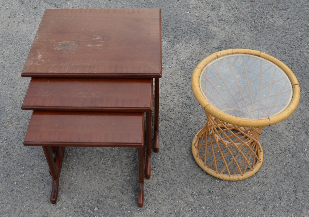 Nest of three teak rectangular tables on square supports and sledge feet, H50cm x D53cm x H46cm, and