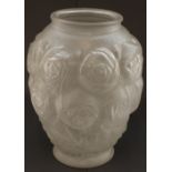 Art Deco style frosted glass vase, relief moulded to body with rose and leaf design, H24cm