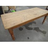 Large pine rectangular kitchen table with end drawer on turned supports, L200cm D87cm H77cm,