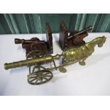 Pair of carved wood bookends in the form of cannons, heavy brass Shire type horse pulling cannon and
