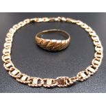 9ct yellow gold chain bracelet, stamped 375, and a 9ct yellow gold ring with twist detail, size P,