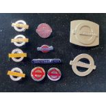 Collection of London Underground badges including London Underground, RLY Society, Station Master,