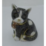 Royal Crown Derby black & white Kitten paperweight, with gold stopper