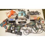 Collection of handheld electric tools including 2 Hitachi cordless drills with charger, Bosch