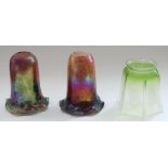 Pair of iridescent art glass lamp shades H16.5cm, and a graduated green frosted glass shade (3)