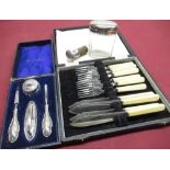 Early C20th cased four piece embossed EPNS and steel manicure set, cased set of fish knives and