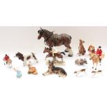 Selection of ceramic animal figurines to include Shire Horse, Goebel Spaniel, Japanese Walt Disney